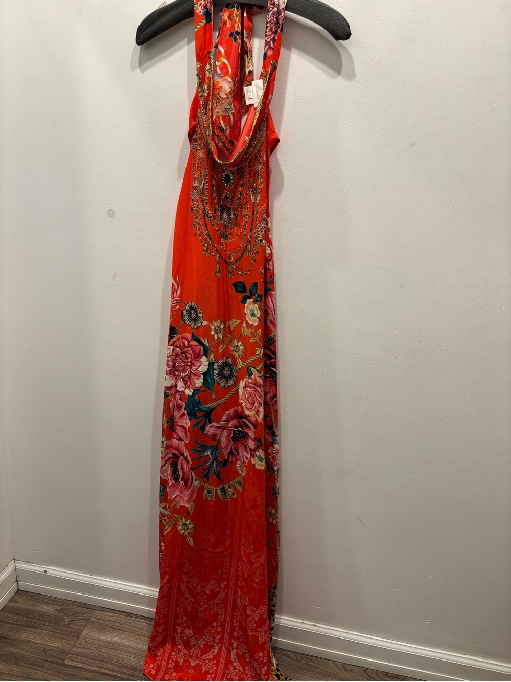 Camilla Orange Floral Slip Dress with Embellished Trim